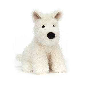 Jellycat Munro Scottie Dog plush, fluffy and white with pointy ears and a black nose, sits against a white background.