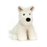 Jellycat Munro Scottie Dog plush, fluffy and white with pointy ears and a black nose, sits against a white background.