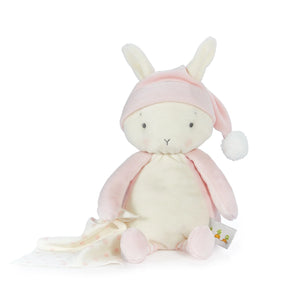 Sleepy Blossom Bunny: white bunny stuffed animal with pink hat, arms, & legs, and white & pink polka dot blanket.