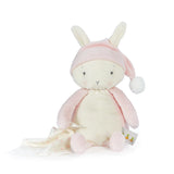 Sleepy Blossom Bunny: white bunny stuffed animal with pink hat, arms, & legs, and white & pink polka dot blanket.