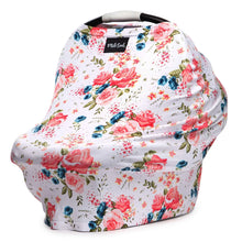 Load image into Gallery viewer, Milk Snobs Cover French Floral: multifunctional cover with pink roses and blue flowers, ideal as a baby car seat cover.
