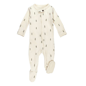 Organic Zipper Footie, Buttercream Tree: cream footie pajamas with tree pattern and front zipper.