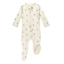 Load image into Gallery viewer, Organic Zipper Footie, Buttercream Tree: cream footie pajamas with tree pattern and front zipper.
