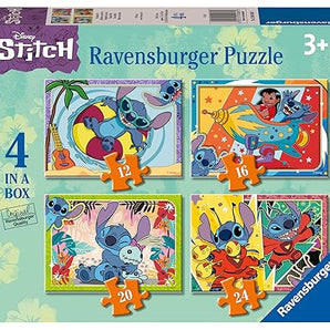 4 Puzzles In A Box, Disney Stitch: green box with 4 cartoon character illustrations; text "Disney Stitch Ravensburger Puzzle 3+ 4 in a Box."