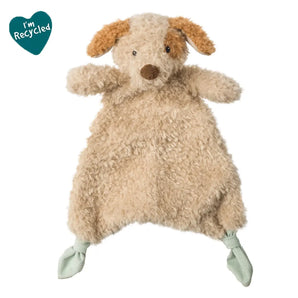 Mary Meyer Again Friends Puppy Lovey: a super soft, recycled plush dog comforter with floppy ears and green knotted corners.