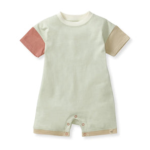 Romper, Color Blocked: peach, pale green, & tan color block short sleeve romper; made of 100% organic cotton.