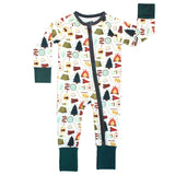 Sleeper, Camp Emerson: white long sleeve pajamas with camping themed pattern, green cuffs, and front zipper; made of bamboo viscose.