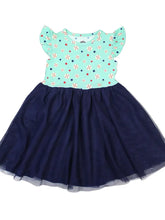 Load image into Gallery viewer, Twirl Dress, Baseball Buddies by Emerson and Friends: Navy tulle skirt, ruffled sleeves, whimsical fish pattern on blue &amp; white top.
