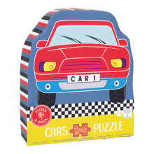 Load image into Gallery viewer, Floss and Rocks 12 Piece Puzzle, Cars features a red cartoon car CAR 1 with a checkerboard pattern to boost kids cognitive skills.
