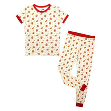 Load image into Gallery viewer, Emerson and Friends Here For the Snacks PJs: Cream bamboo with red trim, popcorn print, short-sleeve top &amp; long pants for kids.
