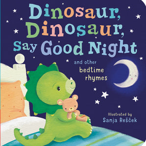 A young dinosaur cuddles a teddy bear under a starry sky in Dinosaur Dinosaur Say Good Night by Random House—perfect bedtime gift!.