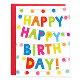 Gina B Designs Birthday Card, Happy Happy Lights, featuring multicolored HAPPY HAPPY BIRTH DAY! text draped with colorful string lights.