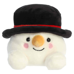 Aurora Palm Pals- Sven Snowman: plush with rosy cheeks, carrot nose, black eyes, and a black hat with red band.