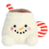 Aurora Palm Pals- Briggs Snowman Cocoa: plush snowman mug toy with striped handle, straw, and cute pink cheeks.
