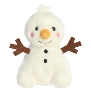 Aurora Palm Pals- Twig Snowman: plush toy with yellow nose, pink cheeks, black eyes, smile, and brown stick arms, sitting upright.