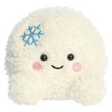 Palm Pals- Chuck Snowball by Aurora: a fluffy white plush with a blue snowflake, pink cheeks, and a smiling face.