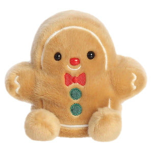 Aurora's Palm Pals- Gio Gingerbread is a plush toy with a red nose, green buttons, red bowtie, and white icing details.