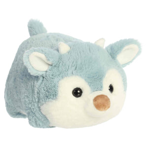 Aurora’s Reid Reindeer: a blue & white plush with horns, black eyes, and a brown nose—ideal for festive Christmas displays.