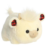 Holly Highland Cow plush by Aurora features cream fur and plaid ears—a cute farmhouse accent or cozy holiday gift.