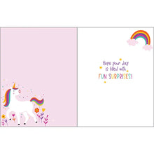 Load image into Gallery viewer, Inside of Birthday Card, Magical Unicorn: card with unicorn, rainbow, &amp; flower design with text "Hope your day is filled with fun surprises!"
