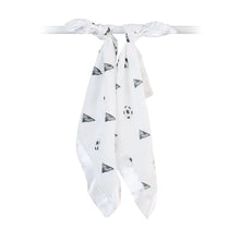 Load image into Gallery viewer, Lulujo Inc.s Security Blanket, Soccer: A white silk scarf with black triangle and soccer ball print, tied stylishly.

