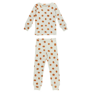Organic Long Sleeve PJ's, Jack-o-Lanterns: beige long sleeve shirt and matching pants with an orange pumpkin pattern.
