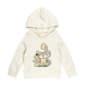 Front view of Organic Hoodie, Little Fox: beige raglan hoodie made of 100% cotton with an fox illustration.