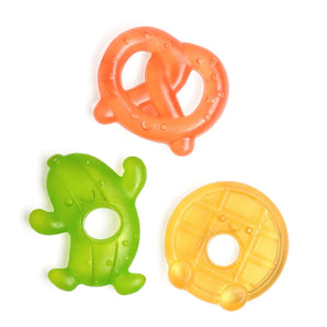 Water Filled Teether, Silly Foods: green pickle, orange pretzel, and yellow waffle shaped teethers with faces.