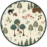 Round swatch of Sleeper, In the Woods woodland animal & tree print.