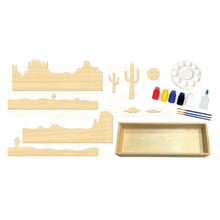 Load image into Gallery viewer, Take a creative break with the Begin Again Abstract Paint and Puzzle Kit, Desert, including paints, brushes, a palette, and glue.
