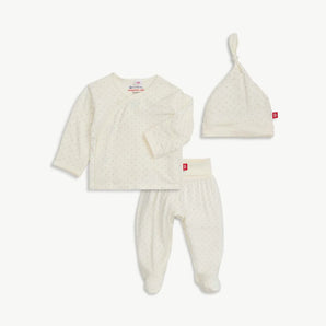 Magnetic Me Kimono Pin Dot Cream: soft modal wrap shirt, pants & hat set with tiny grey dots by Magnetic Me.