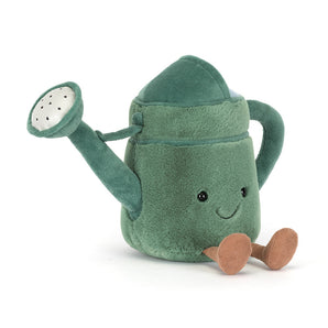 The Jellycat Amuseables Watering Can, plush and green with a smile, sits upright on a white background.