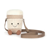 Jellycat Amuseables Perkle Coffee Bag: coffee cup shape, playful charm, ribbed sleeve, small feet, and long brown strap.