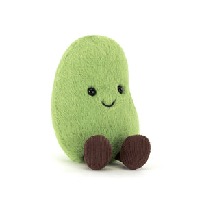 Jellycat, Amuseables Soyella Edamame Bean plush smiles with corduroy feet, sitting upright on a white background.