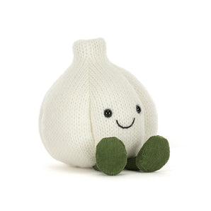 Jellycat Amuseables Garlic plush with a smile and green feet—fun, quirky table décor for your next Halloween party!.