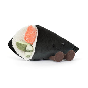 Jellycat Amuseables Coneroi Temaki: a cute plush sushi hand roll with salmon, cucumber, rice details, and brown feet.