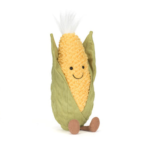Jellycat Amuseables Sweetcorn: plush corn with green husks, brown feet, and a tuft of hair. Limit 2 per order.