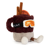 Jellycat Amuseables Mullover Spiced Drink plush cozily sports orange ski goggles, SKICAT headband, and a happy face!.