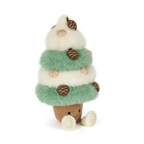 Jellycat Amuseables Pinecone Tree, a tiered green and white plush toy with ornaments on a brown base with dangling legs.