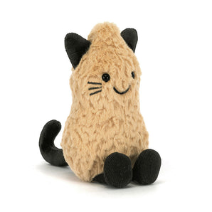 Jellycat’s Amuseables Peanut Cat Outfit: a tan plush toy cat with black accents, stitched whiskers, and a sweet smile sitting upright.