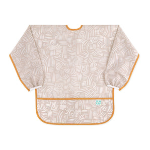 Bumkins Long-Sleeved Art Smock: Wander—beige waterproof fabric with white abstract design, orange trim, front pocket, and adjustable tie closure.