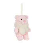 Jellycat Leola Bear Winter Warmer Decoration: a light pink plush bear wearing a white scarf with a ribbon loop for hanging.