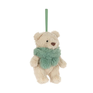 Jellycat, Bartholomew Jr. Winter Warmer plush beige bear ornament with a green faux-fur scarf and a green hanging loop.