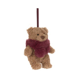 Jellycat Bartholomew Bear Winter Warmer Decoration: a small bear ornament wearing a deep red faux-fur scarf with a ribbon loop.