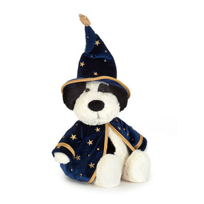 Jellycat’s Rufferty Puppy Wizard Outfit features a blue hat and cape with gold stars, shown on a white background.