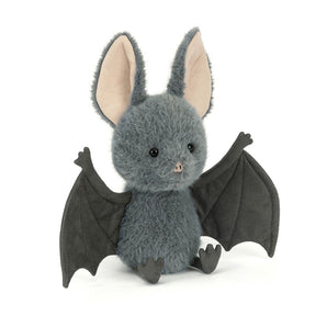 Jellycat’s Broox Bat plush has big ears, gray fur, and black wings—ideal for any Jellycat collectible display.