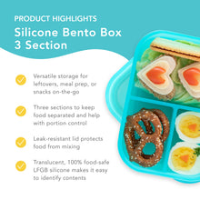 Load image into Gallery viewer, Bumkins Silicone Bento Box 3 Section highlights—versatile storage, 3 sections, leak-resistant lid, translucent 100% food-safe LFGB silicone.
