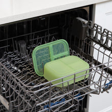 Load image into Gallery viewer, Bumkins Silicone Bento Box 3 Section: Green Jelly sits in the top rack of an open dishwasher.
