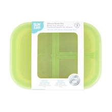 Load image into Gallery viewer, Bumkins Silicone Bento Box 3 Section: Green Jelly is shown with a cardboard packaging band around the middle.
