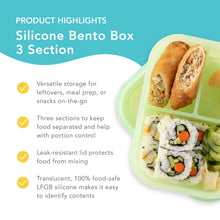 Load image into Gallery viewer, Bumkins Silicone Bento Box 3 Section highlights—versatile storage, 3 sections, leak-resistant lid, translucent 100% food-safe LFGB silicone.

